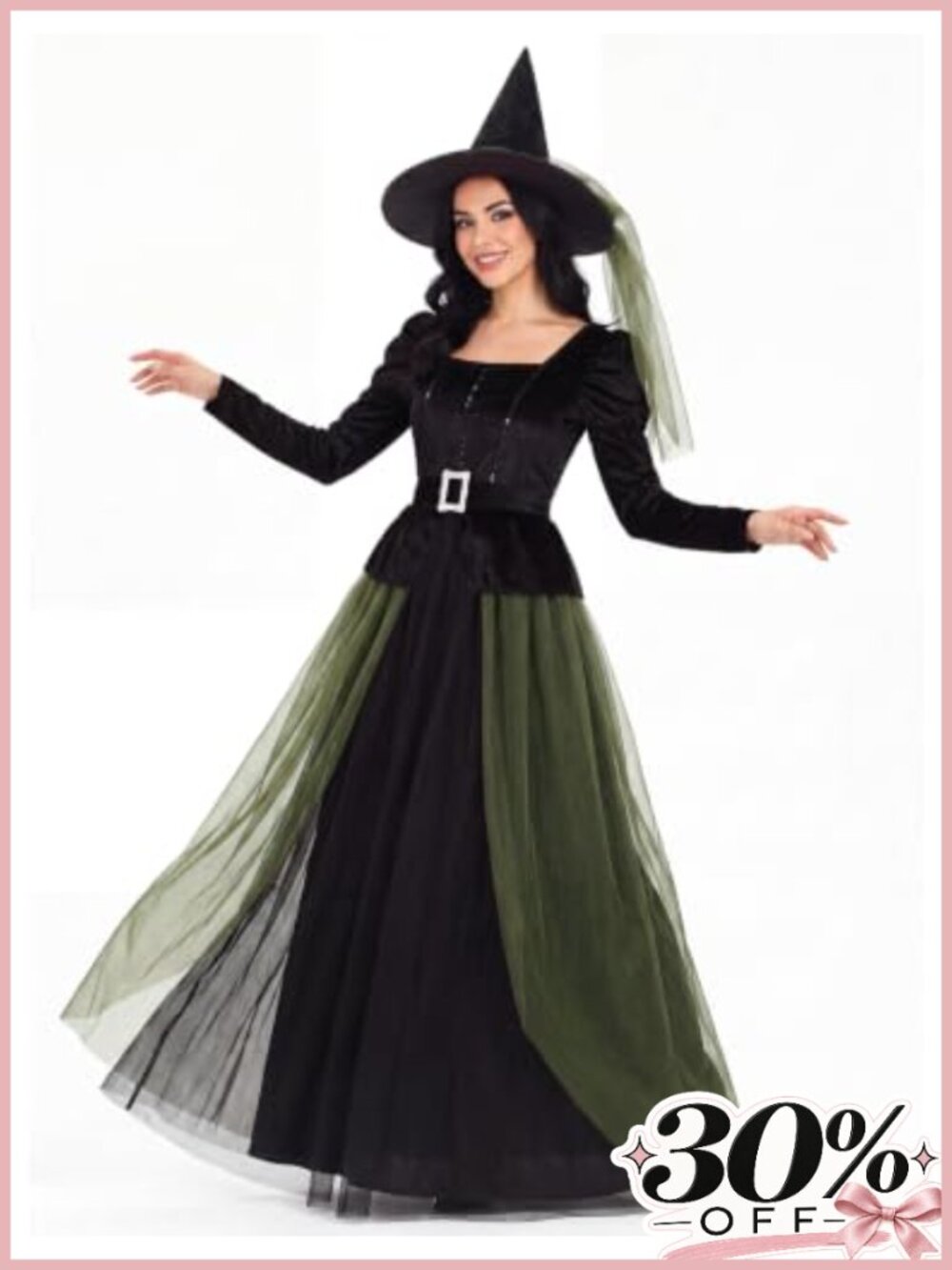 Witch Costume Women 3 Piece Set Gothic Dress Hat Belt Halloween Cosplay